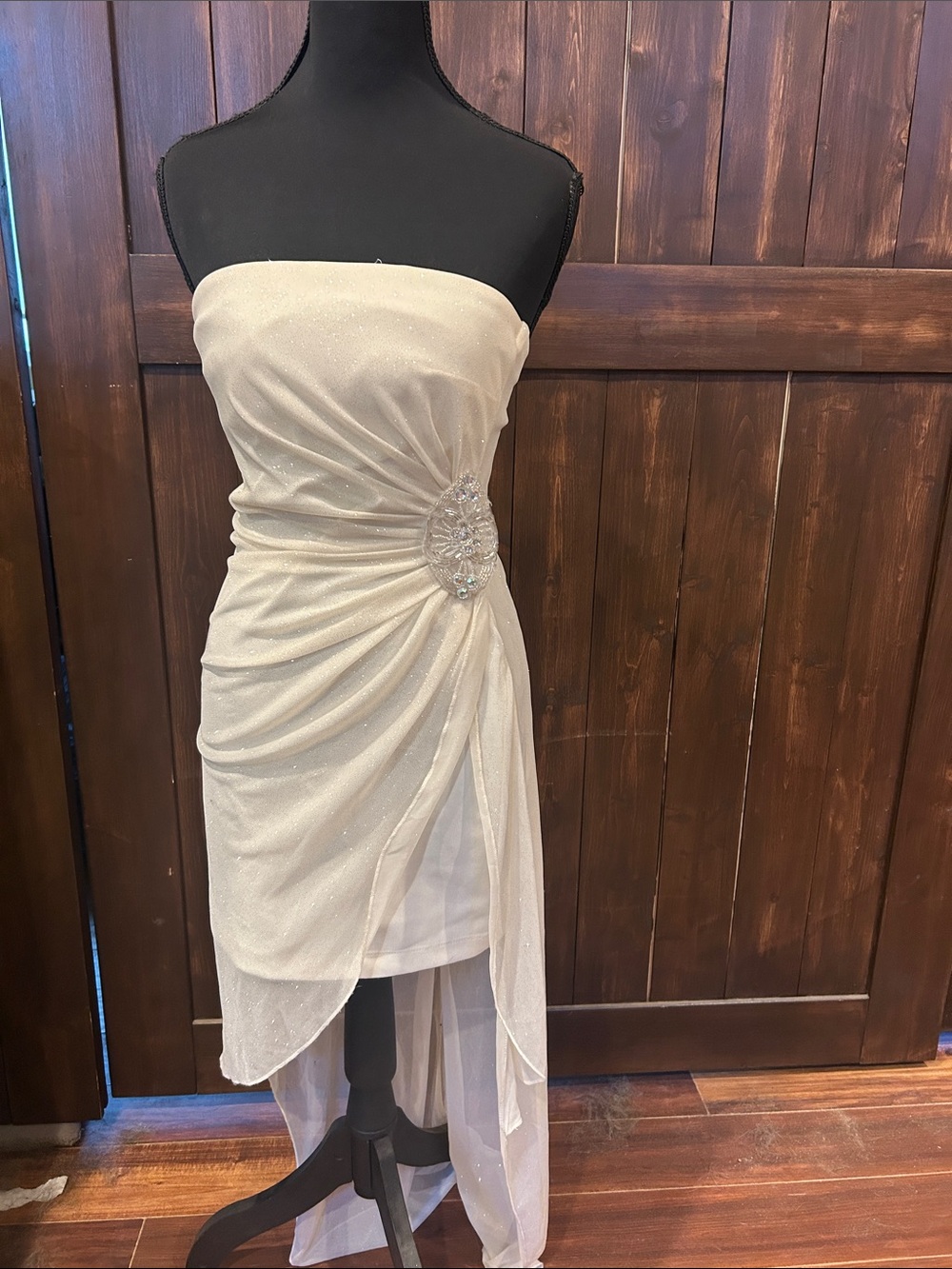 Teeze Me Strapless Ivory High-Low Dress with Jeweled Waist